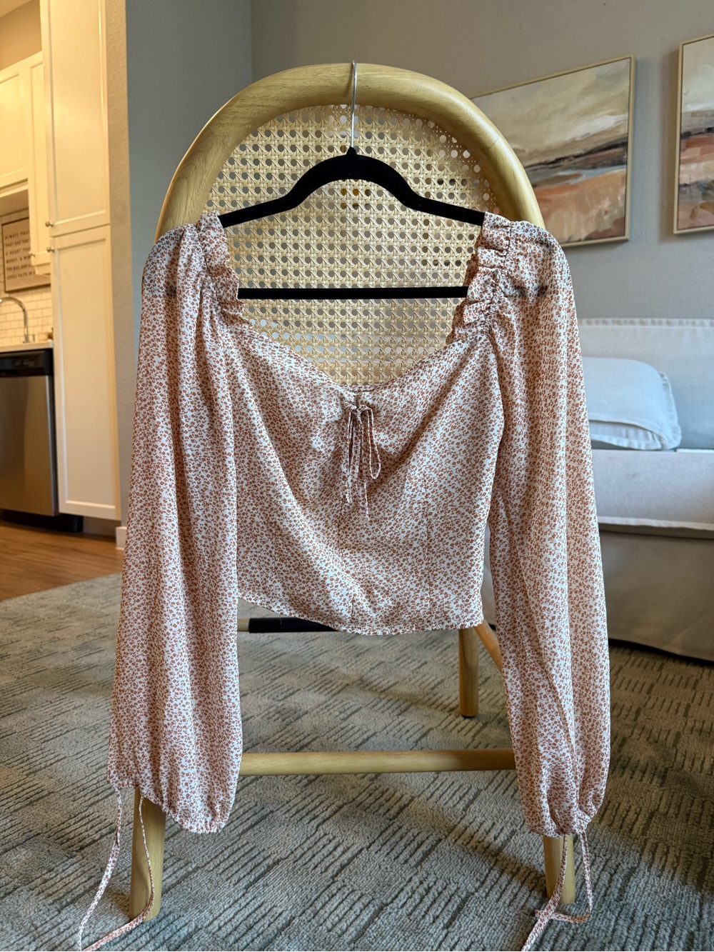 Boohoo Blush Floral Tie-Front Peasant Blouse